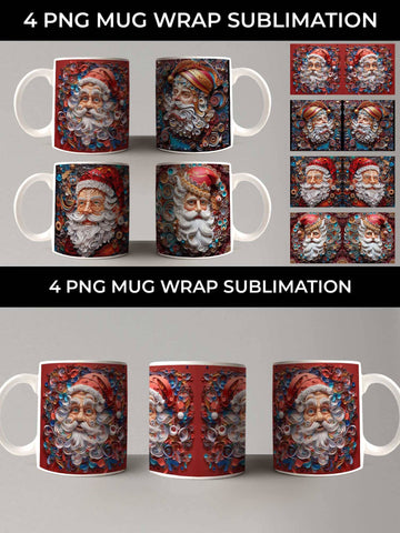 3D Paper Santa Claus Mug Wrap Sublimation PNG Bundle Free For Commercial Use Sublimation Sintegra 