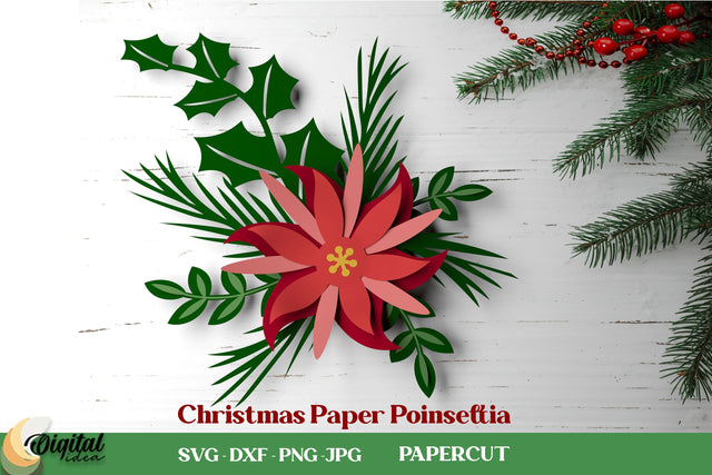 3D Papercut. Christmas Paper Poinsettia. Christmas Poinsettia SVG 3D Paper Evgenyia Guschina 