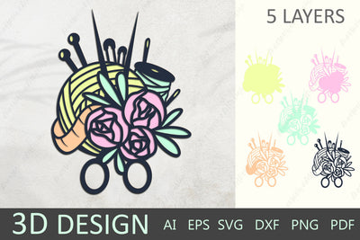 3d papercut knitting yarn ball, Yarn with needles, scissors and flowers 3D Paper AnastasiyaArtDesign 