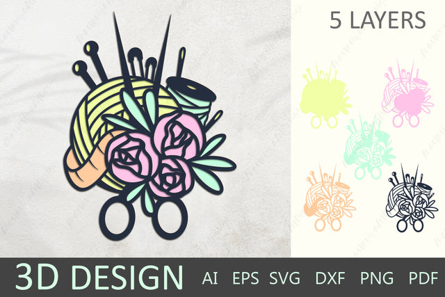 3d papercut knitting yarn ball, Yarn with needles, scissors and flowers 3D Paper AnastasiyaArtDesign 