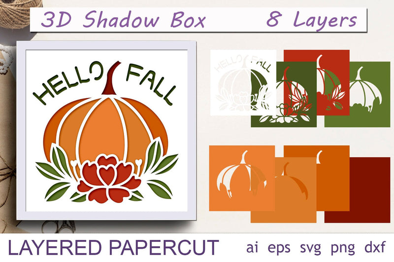 3d papercut pumpkin with flowers, Fall shadow box svg, Hello fall ...