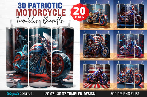 3D Patriotic Motorcycle Tumbler Bundle Sublimation Regulrcrative 