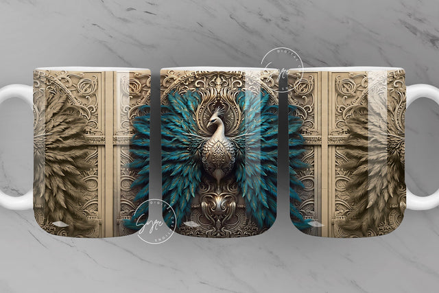 3D Peacock Mug, Teal Color Feather, Metallic Color Wrap, Peacock Mug Design, Bird Mug Wrap, 11 & 15 Oz Mug Sublimation Wrap, Digital File Sublimation Syre Digital Creations 