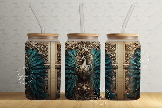 3D Peacock Tumbler, Teal Color Feather, 16 oz Libbey Glass Can Tumbler Sublimation, Metallic Color Wrap, Spring Tumbler, Digital Download Sublimation Syre Digital Creations 