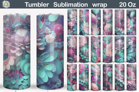 3D Peonies Tumbler Sublimation | Blue Pink Flowers Tumbler Sublimation WatercolorColorDream 