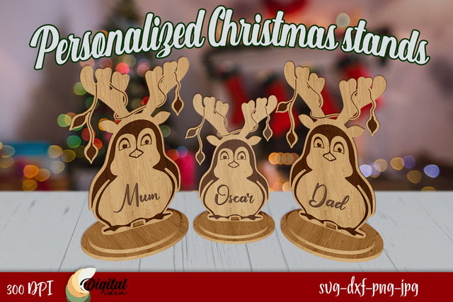 3D Personalized Christmas Stands Laser Cut. Christmas Penguin SVG Evgenyia Guschina 