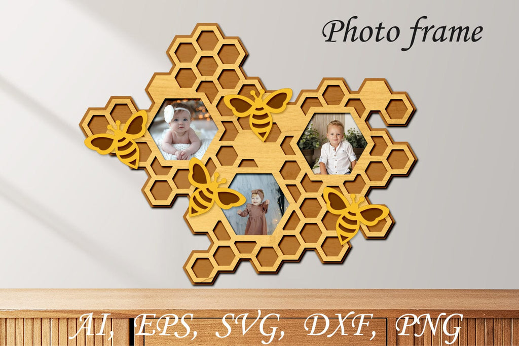 3d Photo frame with honeycomb, Layered family frame laser cut - So Fontsy