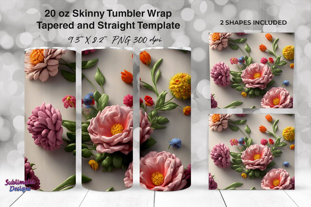 3D Pink Flowers 20 oz Skinny Tumbler Wrap Sublimation Design Sublimation Sublimatiz Designs 