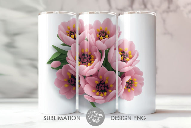 3D Pink Flowers, 20oz Skinny Tumbler, Sublimation Design Sublimation Artisan Craft SVG 