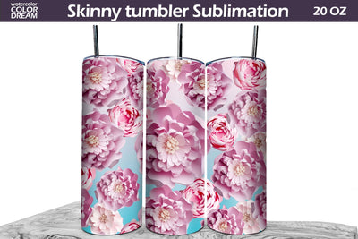 3D Pink Flowers Tumbler Wrap | 3D Peonies Tumbler Sublimation WatercolorColorDream 