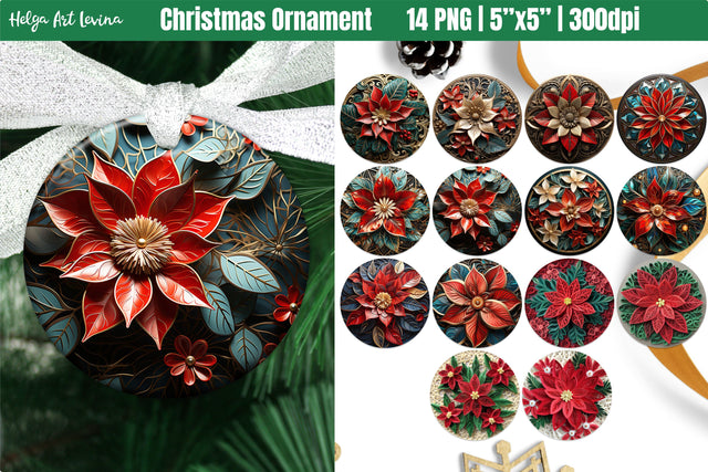 3D poinsettia Christmas Ornaments Bundle PNG Sublimation Helga Art 
