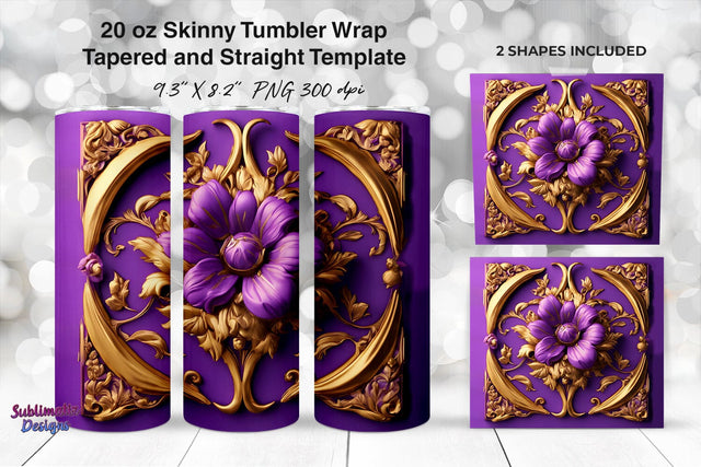 3D Purple Flower with Gold Molding 20oz Skinny Tumbler Wrap Sublimation Sublimatiz Designs 