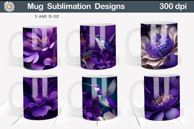 3D Purple Flowers Mug Wrap | Hummingbird Mug Sublimation Sublimation WatercolorColorDream 