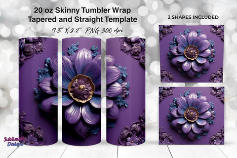3D Purple Flowers Tumbler Wrap Bundle | 20 oz Skinny Tumbler Wrap Sublimation Designs Sublimation Sublimatiz Designs 