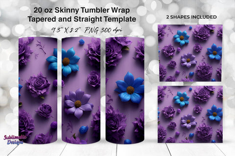 3D Purple Flowers Tumbler Wrap Bundle | 20 oz Skinny Tumbler Wrap Sublimation Designs Sublimation Sublimatiz Designs 