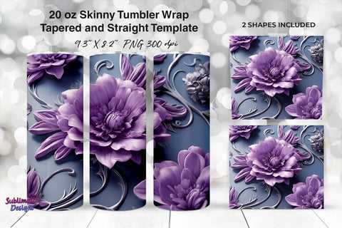 3D Purple Flowers Tumbler Wrap Bundle | 20 oz Skinny Tumbler Wrap Sublimation Designs Sublimation Sublimatiz Designs 