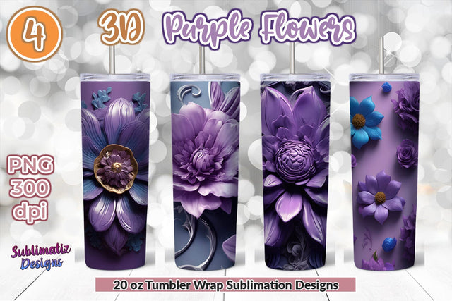 3D Purple Flowers Tumbler Wrap Bundle | 20 oz Skinny Tumbler Wrap Sublimation Designs Sublimation Sublimatiz Designs 