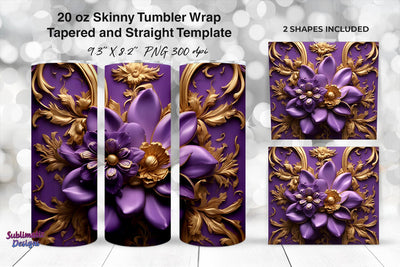 3D Purple Flowers with Gold Ornament 20oz Skinny Tumbler Wrap Sublimation Sublimatiz Designs 