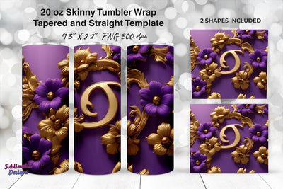 3D Purple & Gold Flowers 20 oz Skinny Tumbler Wrap Sublimation Sublimatiz Designs 