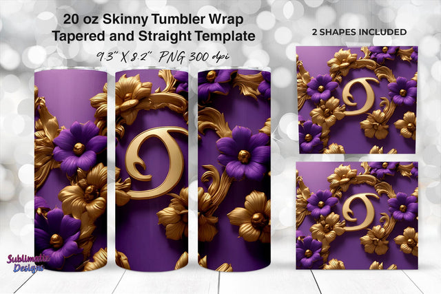 3D Purple & Gold Flowers 20 oz Skinny Tumbler Wrap Sublimation Sublimatiz Designs 