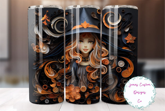 3D Quilled Witch, Halloween 20 oz Skinny Tumbler Sublimation Design Digital Download PNG Instant DIGITAL ONLY, Straight tumbler wrap. Sublimation Jenn Driscoll 
