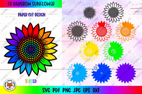3D Rainbow Sunflower SVG , 3D Rainbow Butterfly SVG 3D Paper Digital Craftyfox 