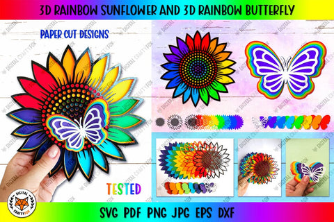 3D Rainbow Sunflower SVG , 3D Rainbow Butterfly SVG 3D Paper Digital Craftyfox 