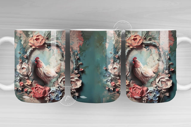 3D Rooster Mug, Floral Mug Wrap, Chicken Mug Design, 3D Flower Mug, 3D Mural Mug, 11 & 15 Oz Mug Sublimation Wrap, Digital Download Sublimation Syre Digital Creations 
