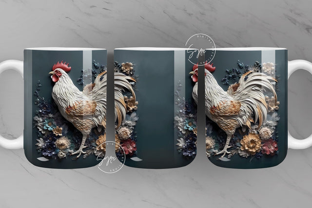 3D Rooster Mug, Floral Mug Wrap, Chicken Mug Design, 3D Flower Mug, 3D Mural Mug, 11 & 15 Oz Mug Sublimation Wrap, Digital Download Sublimation Syre Digital Creations 