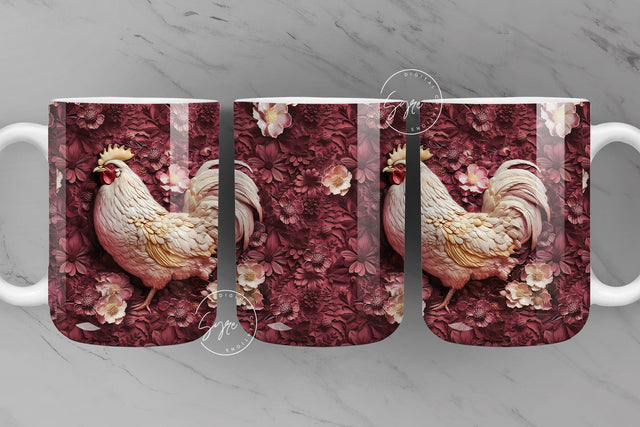 3D Rooster Mug, Floral Mug Wrap, Chicken Mug Design, 3D Flower Mug, 3D Mural Mug, 11 & 15 Oz Mug Sublimation Wrap, Digital Download Sublimation Syre Digital Creations 