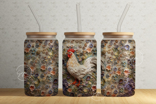 3D Rooster Tumbler, Floral Tumbler Wrap, 16 oz Libbey Glass Can Tumbler Sublimation, Spring Tumbler, Plaster Wall Art, Chicken, Digital Sublimation Syre Digital Creations 