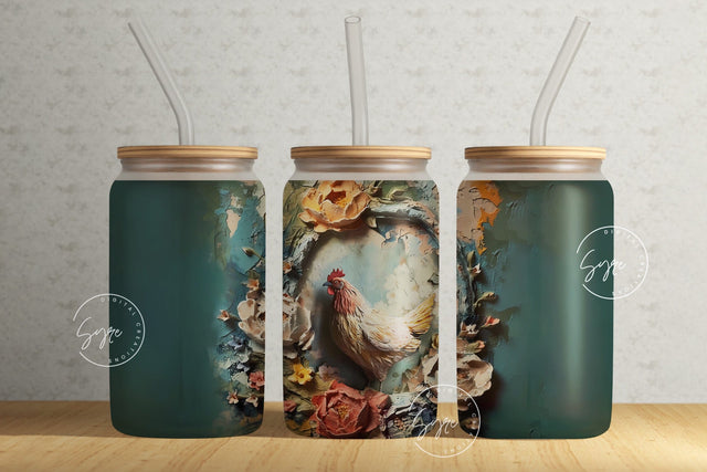 3D Rooster Tumbler, Floral Tumbler Wrap, 16 oz Libbey Glass Can Tumbler Sublimation, Spring Tumbler, Plaster Wall Art, Chicken, Digital Sublimation Syre Digital Creations 