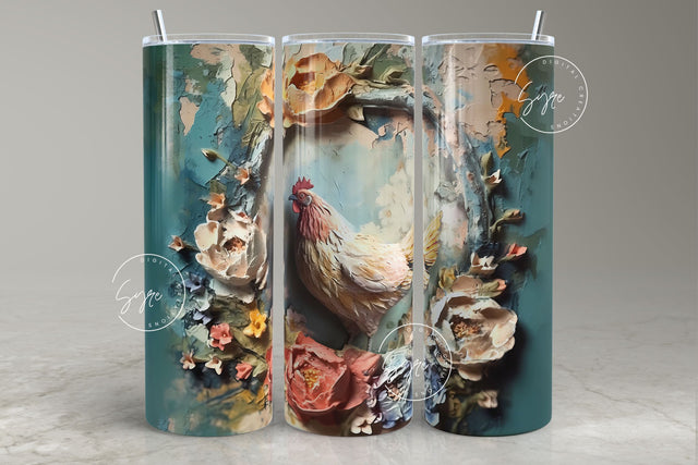 3D Rooster Tumbler, Floral Tumbler Wrap, 20oz Skinny Tumbler Sublimation, Spring Tumbler, Plaster Wall Art, Chicken Tumbler, Digital File Sublimation Syre Digital Creations 