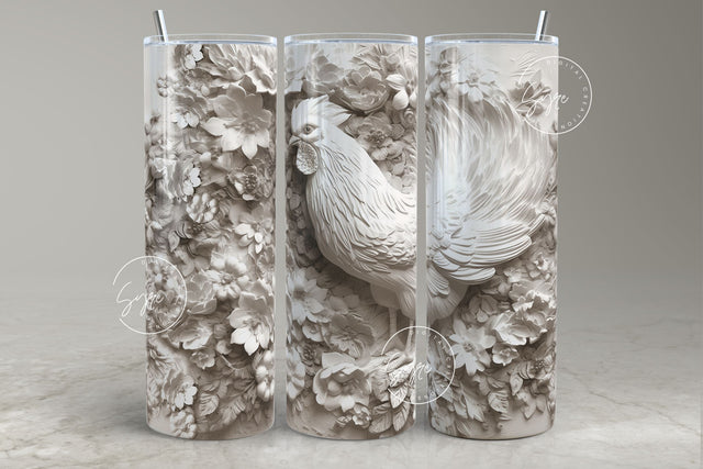 3D Rooster Tumbler, Floral Tumbler Wrap, 20oz Skinny Tumbler Sublimation, Spring Tumbler, Plaster Wall Art, White Chicken Tumbler, Digital Sublimation Syre Digital Creations 