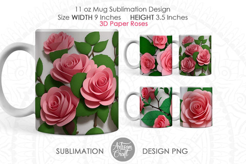 3D Roses, 3D mug wrap PNG for 11oz mug Sublimation Artisan Craft SVG 