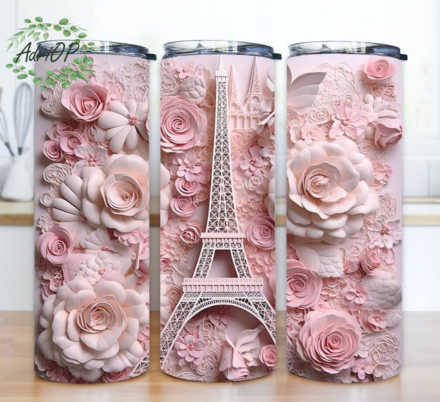 3D Roses And The Eiffel Tower 20oz Skinny Tumbler Png, Are On A Canvas With Floral Paper Png, 3D Roses Eiffel Tower Tumbler, Instant Digital Download Png Sublimation AdriOP 