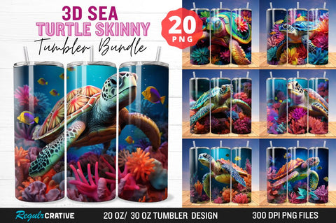 3D Sea Turtle Skinny Tumbler Wrap Bundle Sublimation Regulrcrative 