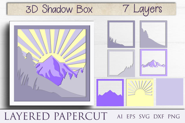 3d shadow box with mountain svg, layered nature silhouette papercut file 3D Paper AnastasiyaArtDesign 