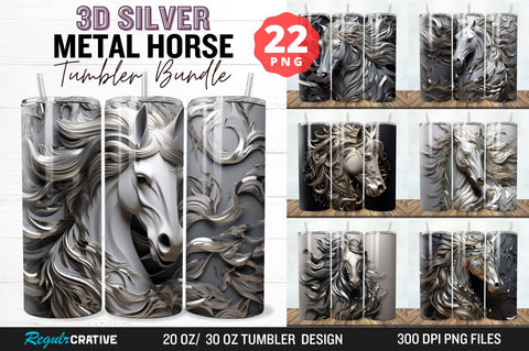 3D Silver Metal Horse Tumbler Bundle Sublimation Regulrcrative 