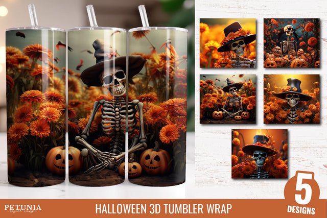 3D Skeleton Halloween 3D Tumbler Wrap, 3D Tumbler Sublimation Design Sublimation Petunia Digital Design 
