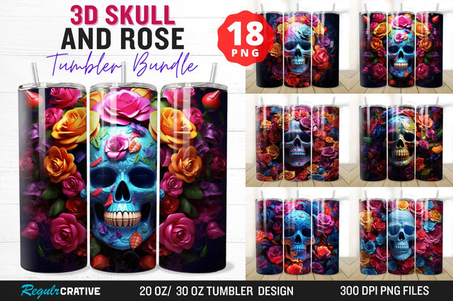 3D Skull And Rose Tumbler Wrap Bundle Sublimation Regulrcrative 