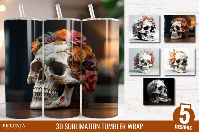 3D Skull Tumbler | 3D Sublimation Tumbler Wrap Sublimation Petunia Digital Design 