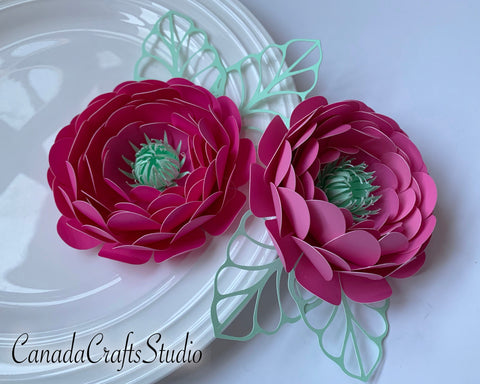 3d Small Peony Paper flower +leaf SVG CanadaCraftsStudio 