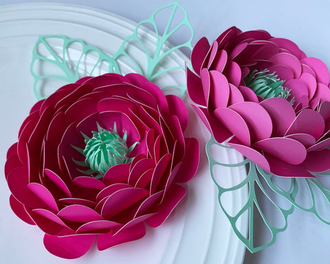 3d Small Peony Paper flower +leaf SVG CanadaCraftsStudio 