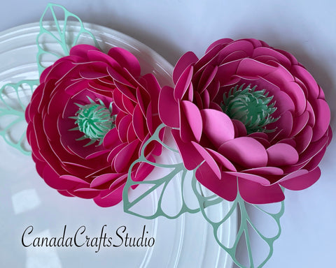 3d Small Peony Paper flower +leaf SVG CanadaCraftsStudio 