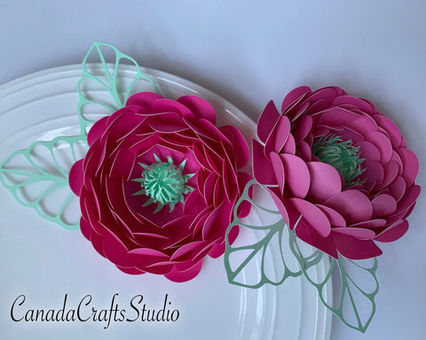 3d Small Peony Paper flower +leaf SVG CanadaCraftsStudio 