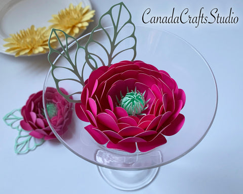 3d Small Peony Paper flower +leaf SVG CanadaCraftsStudio 