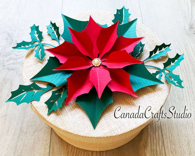3D Small Poinsettia paper flower 1 with leaves SVG CanadaCraftsStudio 