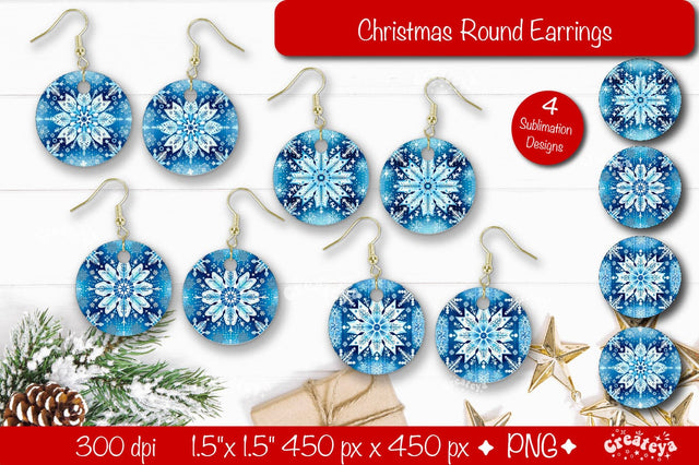 3D snowflakes Christmas Round Earring Bundle Sublimation Designs with Christmas pattern background Sublimation Createya Design 