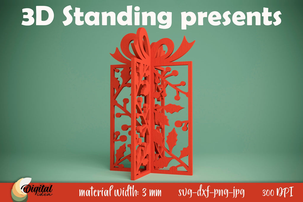 3D Standing Present. Christmas Gift Laser Cut. Mistletoe SVG - So Fontsy